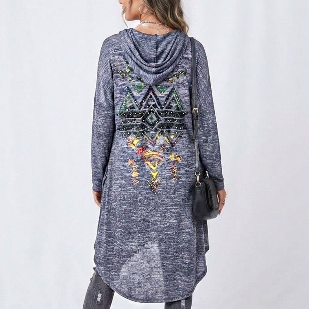 Vocal Hooded Blue Knit Duster Sz L Long Cardigan Rhinestone Stud Southwest Y2K